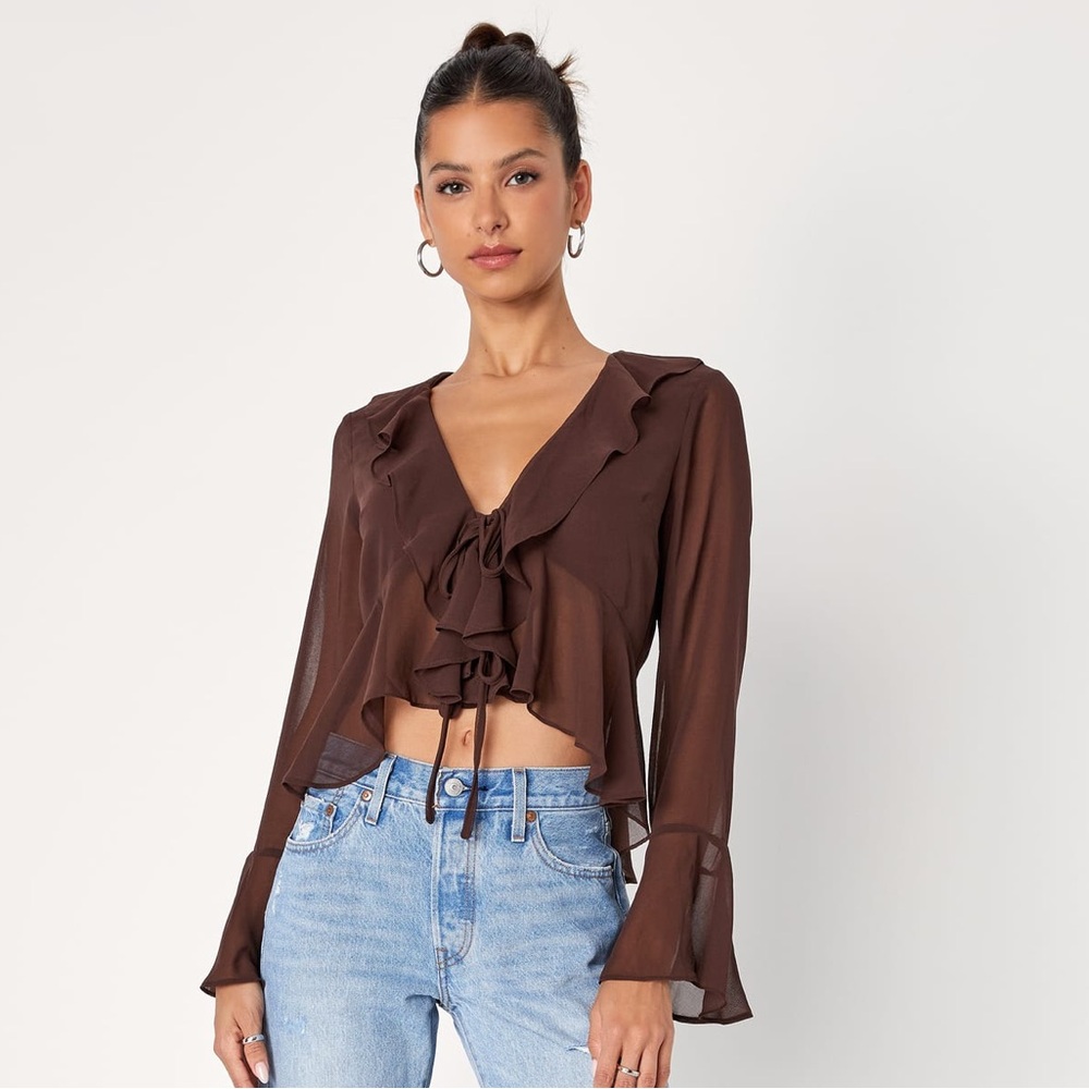 Lulus Brown Chiffon Ruffled Long Sleeve Tie-Front Top